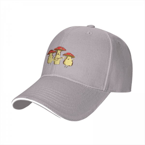 Black baseball cap with singing mushroom band graphic