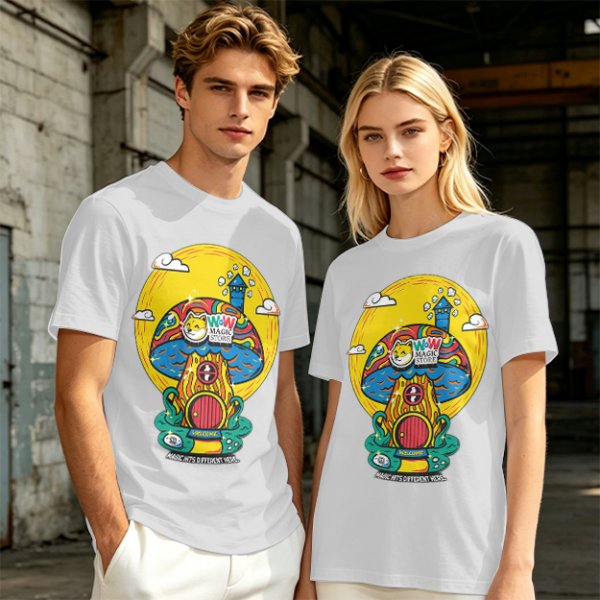 Olive T-Shirt with Trippy Mushroom House Graphic Design