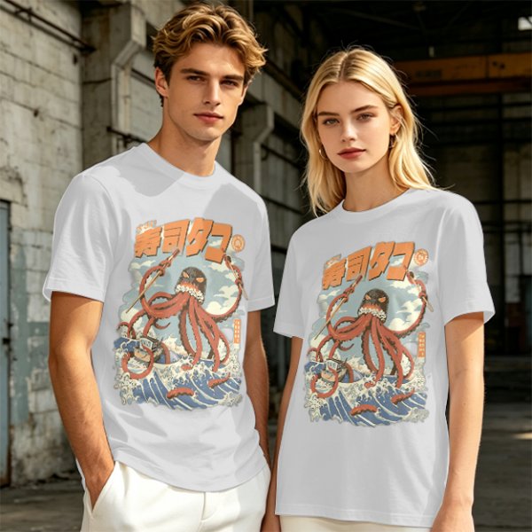 Olive t-shirt with Japanese octopus sushi warrior wave graphic
