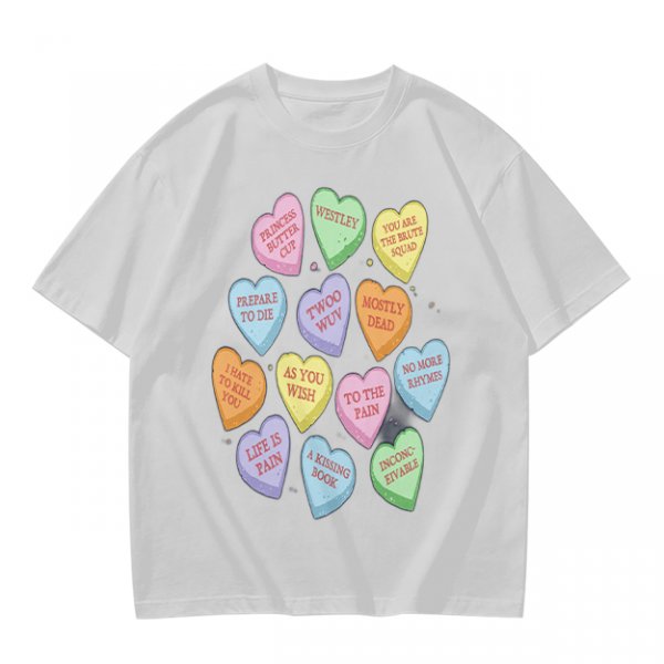 Olive T-shirt with Princess Bride themed conversation heart candies