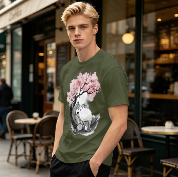 Olive T-shirt with Totoro and Cherry Blossom Tree Art Print