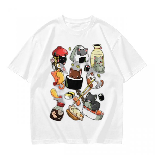 Olive T-Shirt With Cute Sushi Cat Illustrations