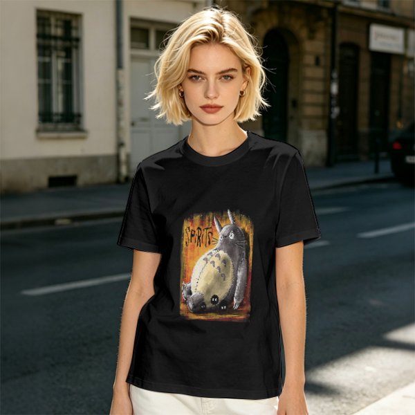 Olive green t-shirt with Totoro 'Spirits' graphic print