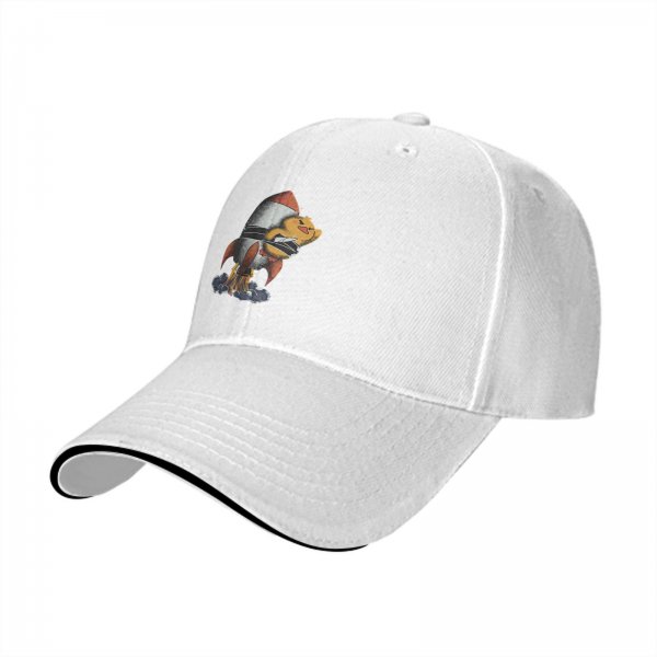 Black baseball cap with cartoon duck riding a rocket launch design