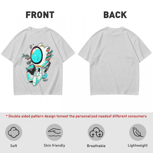 Olive T-Shirt with Astronaut Cat and Fish Graphic Print