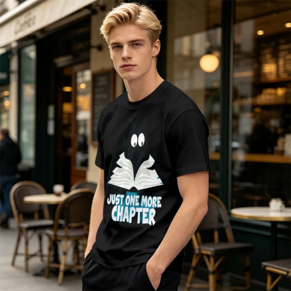Olive T-Shirt with Black Cat Reading Book 'Just One More Chapter' Print