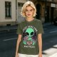 Olive green t-shirt with alien eating pizza text Just Here For The Pizza