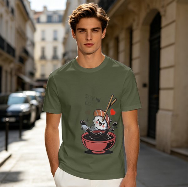 Olive T-shirt with Cute Sushi Dipping in Soy Sauce Graphic
