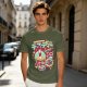 Olive t-shirt with spooky skull bubble tea graphic and Japanese text