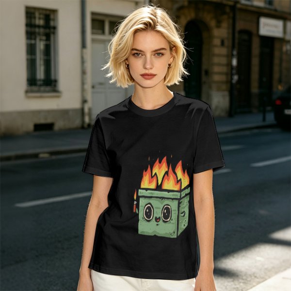 Olive green t-shirt with a cartoon burning box graphic