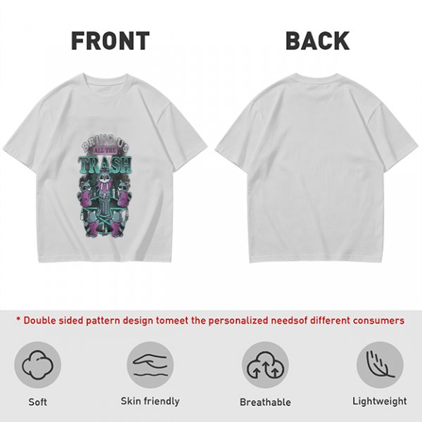 Olive graphic t-shirt with raccoons and 'Bring Us All The Trash' text