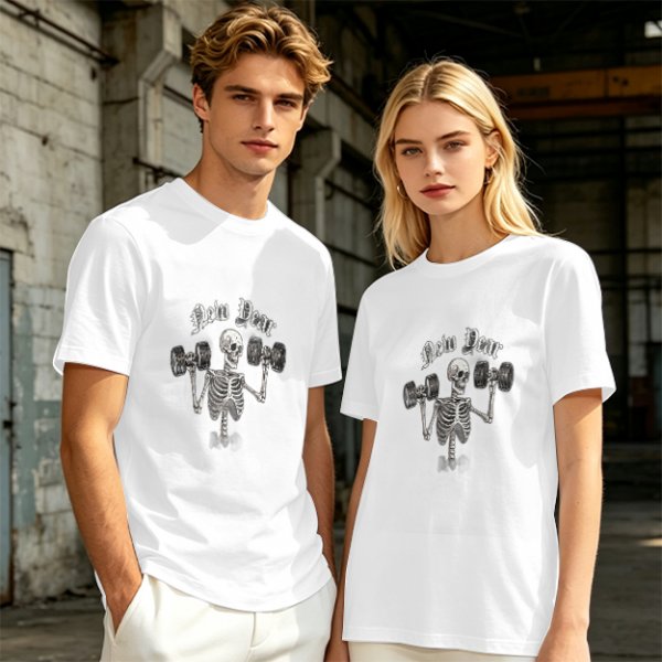 Olive T-Shirt With Skeleton Lifting Weights New Year Print