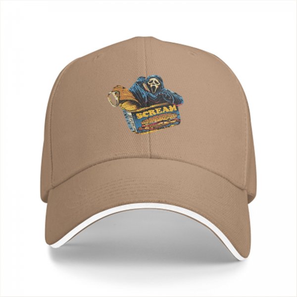 Black baseball cap with Scream Ghostface fast food themed graphic
