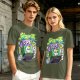 Olive T-shirt with spooky juice box graphic and playful skull art