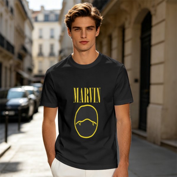 Olive T-Shirt with Marvin Text and Simple Face Graphic