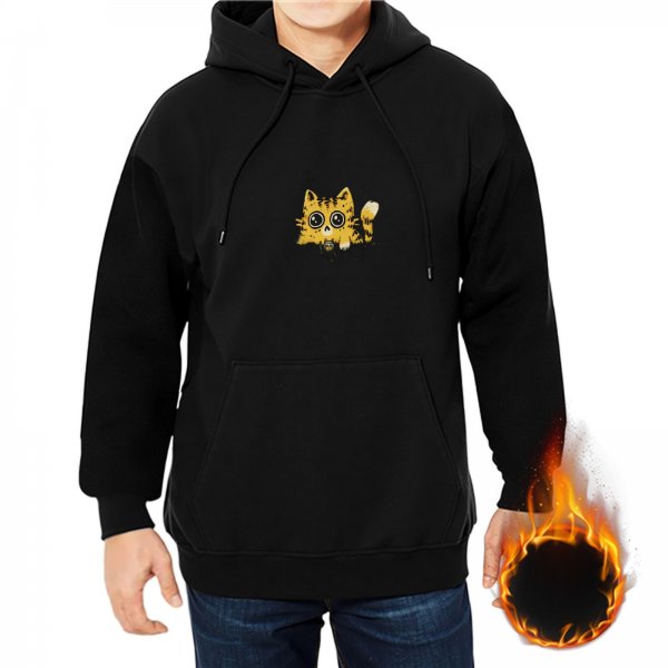 Black Hoodie With Cute Peeking Cat Graphic Print