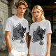 Olive Green T-Shirt With Black Cat Peeking From Knight Helmet Art