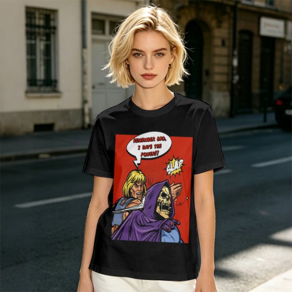 Olive T-shirt with He-Man slapping Skeletor comic print
