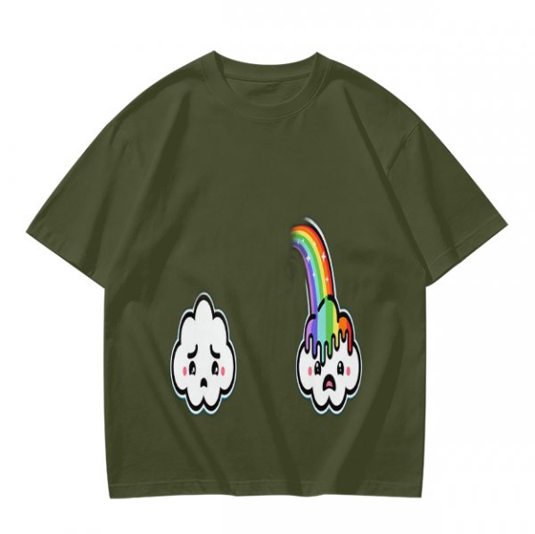 Oversized Olive T-Shirt With Sad Clouds And Rainbow Drip Graphic