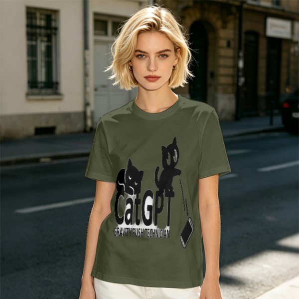 Olive green graphic t-shirt with CatGPT and mischievous cat prints