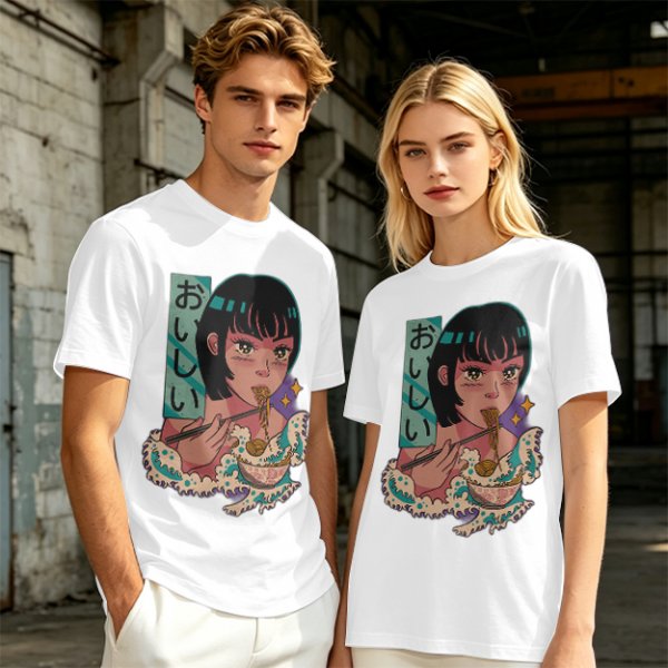 Olive anime graphic t-shirt with girl eating ramen and Japanese text