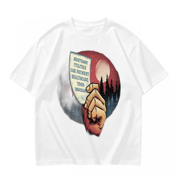 Olive T-Shirt With Hand Holding Bill Of Monthly Expenses Art