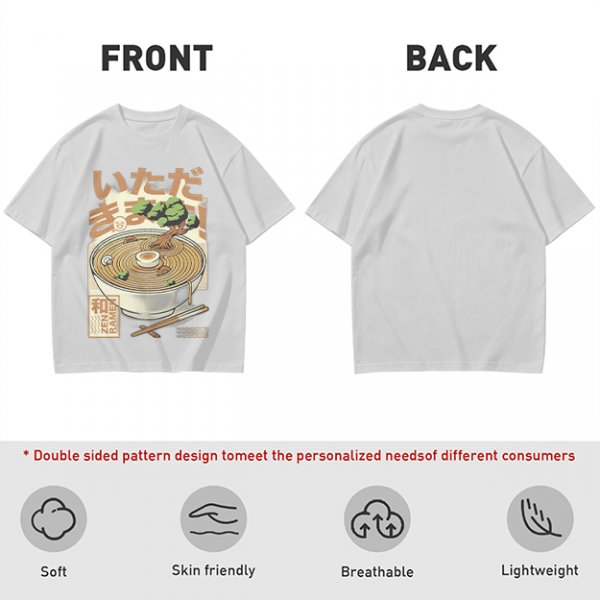 Olive green t-shirt with zen ramen bowl and bonsai tree print