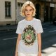 Olive green t-shirt with playful vegetable soup graphic print