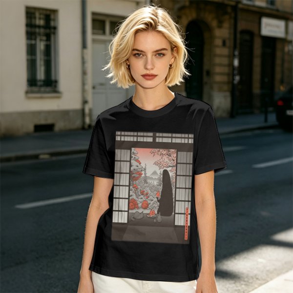 Olive T-Shirt with Japanese Shinto-inspired Window Landscape Print
