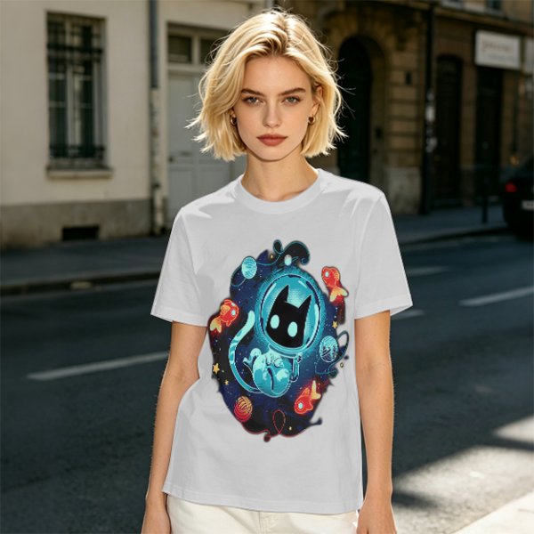 Olive t-shirt with space astronaut cat and goldfish graphic