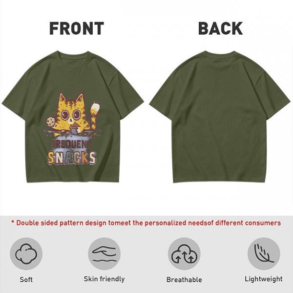 Olive T-Shirt With Cat Eating Snacks Frequent Snacks Print