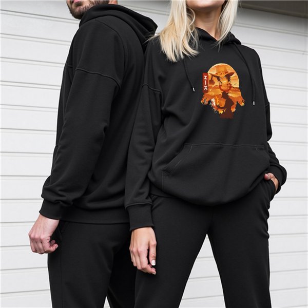 Black hoodie with anime character silhouette and sunset graphic