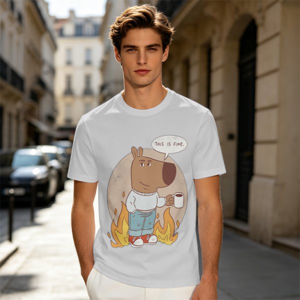 Olive T-Shirt Featuring the 'This Is Fine' Dog Meme Art