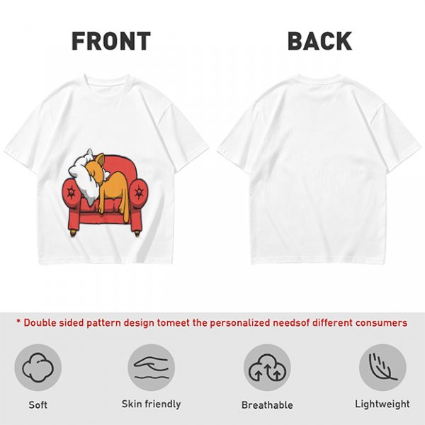 Olive green t-shirt with a sleeping orange cat on a red armchair print