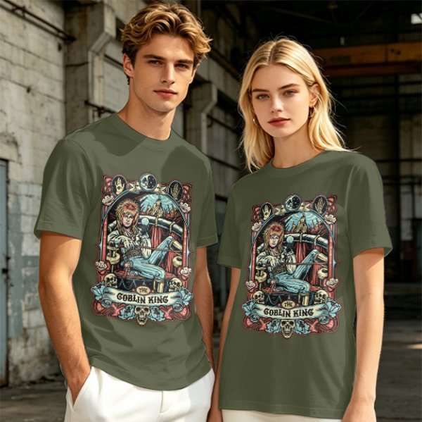 Olive green t-shirt featuring The Goblin King tarot-style artwork