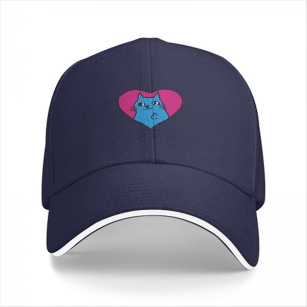 Black Baseball Cap With Blue Cat In Pink Heart Graphic