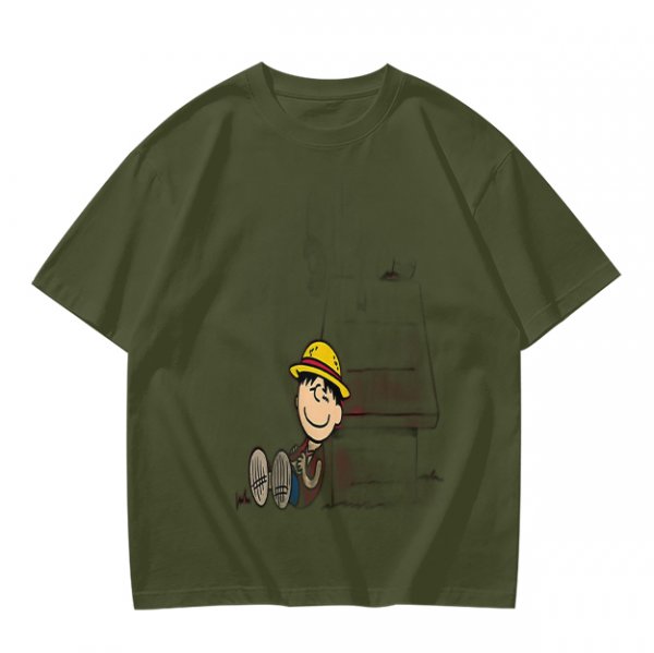 Olive Green T-Shirt with Smiling Boy in Yellow Hat Graphic