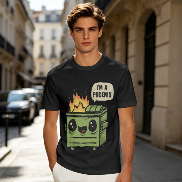 Olive green t-shirt with a cartoon dumpster on fire saying I'm a phoenix