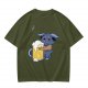 Olive T-Shirt With Cute Blue Goat Holding Foamy Beer Mug Print