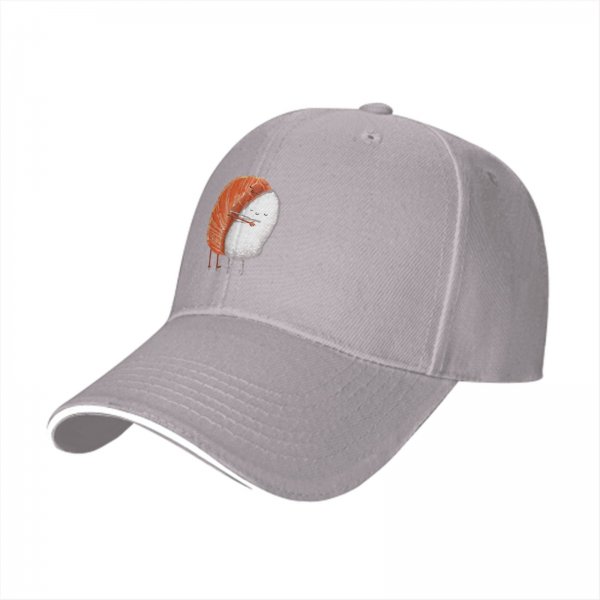 Black Baseball Cap With Cute Salmon Sushi Character Print