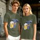Olive T-Shirt With Cute Blue Goat Holding Foamy Beer Mug Print