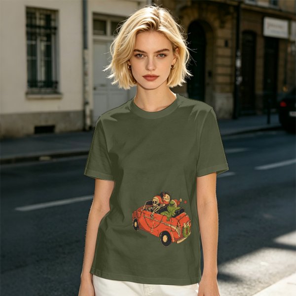 Olive T-Shirt with Skeleton and Friends in Christmas Car Print