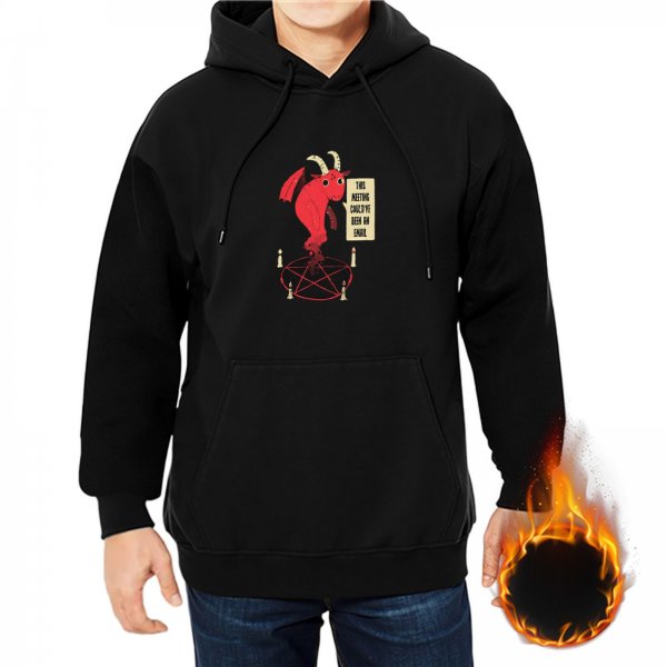 Black hoodie with cute devil pentagram graphic and funny text print