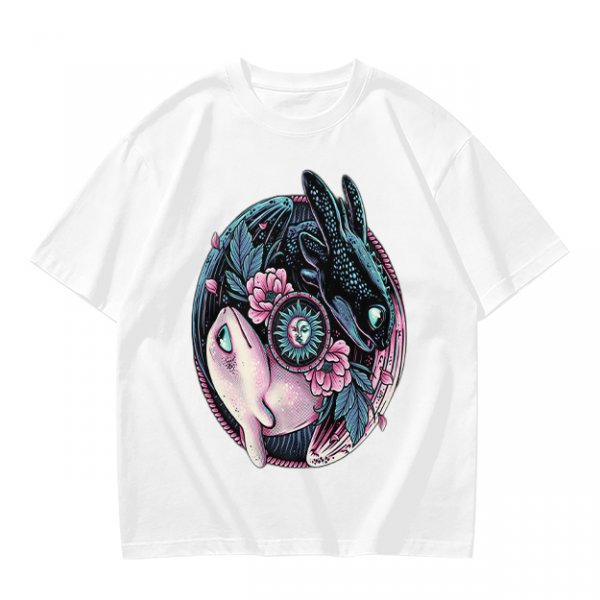 Olive T-Shirt with Yin Yang Dragon Floral Sun Moon Art