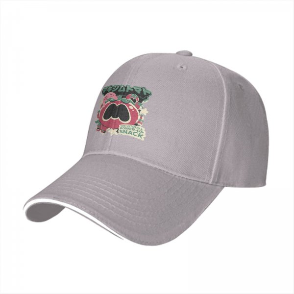 Black baseball cap with tomato power-up snack graphic