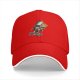 Black baseball cap with cartoon duck riding a rocket launch design