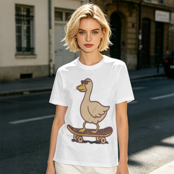 Olive T-Shirt Featuring a Cool Duck Wearing Sunglasses Riding a Skateboard