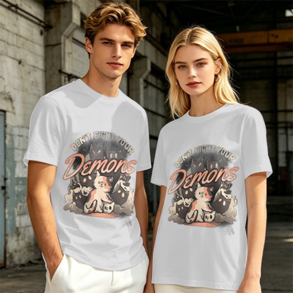 Olive graphic t-shirt with 'Don't Fight Your Demons' cat art