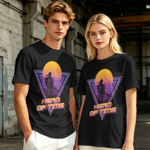 Olive green retro sunset graphic t-shirt with Hero of Time print