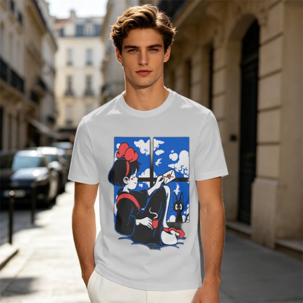 Olive t-shirt with Kiki's Delivery Service window print of girl reading letter